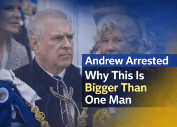 Andrew in ceremonial attire with headlines